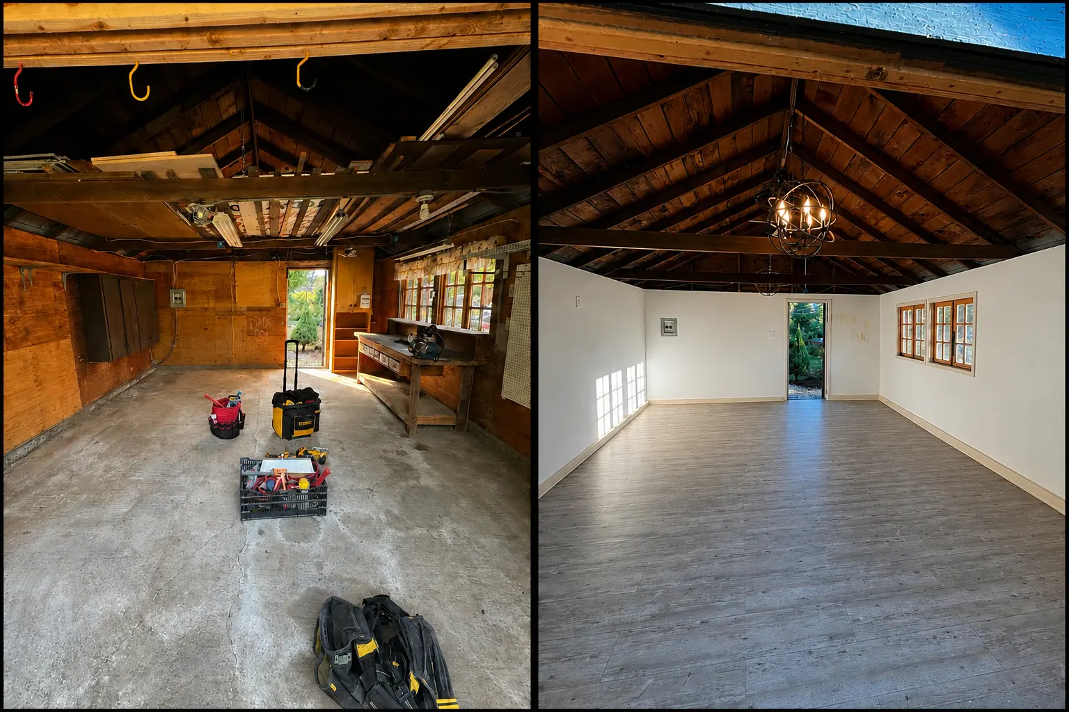 Before and after garage-to-living-space remodel with new flooring by Dexica Construction in the Oregon Pacific Northwest